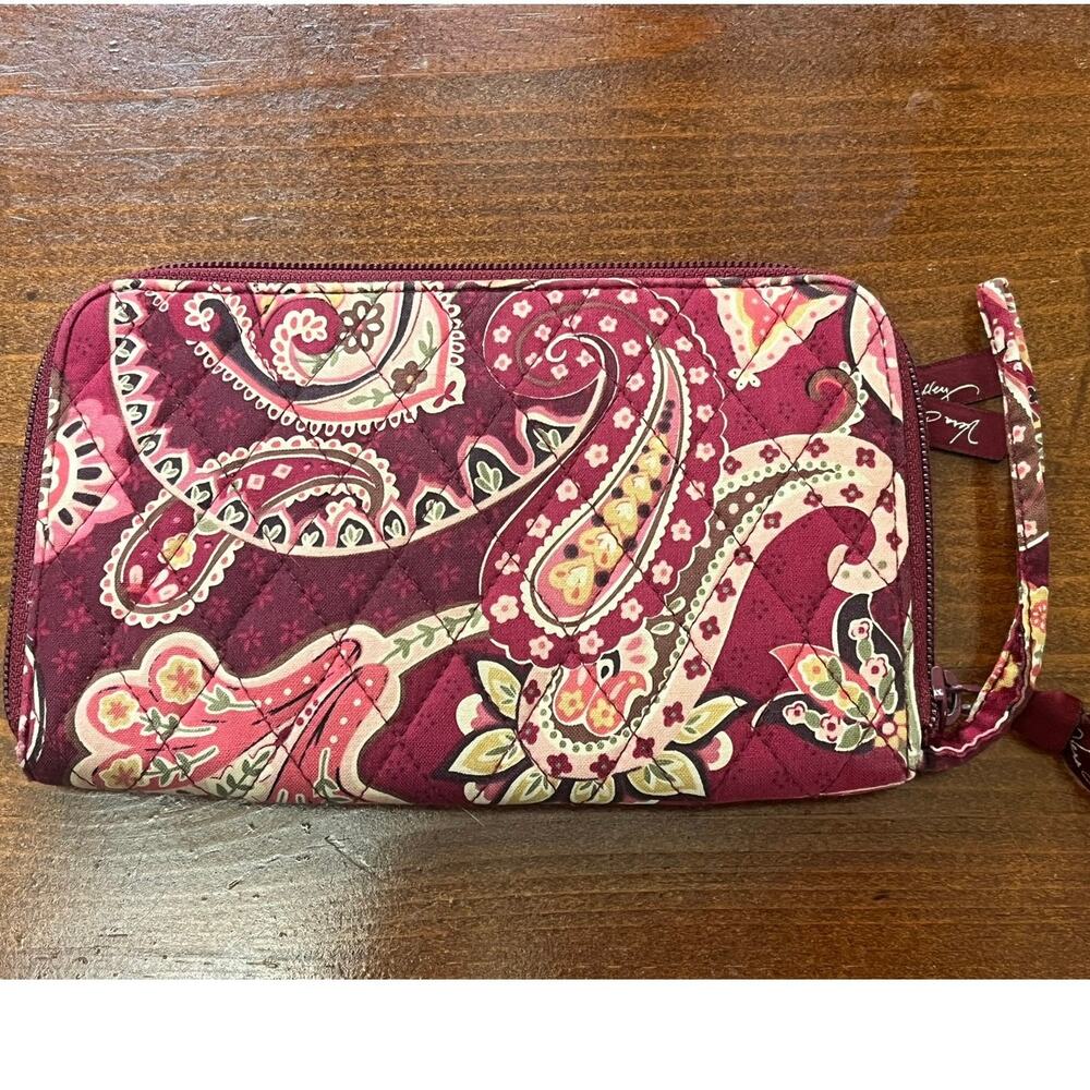 Vera Bradley Zip Around Wallet Burgundy Paisley Quilted Cotton Wristlet Clutch
